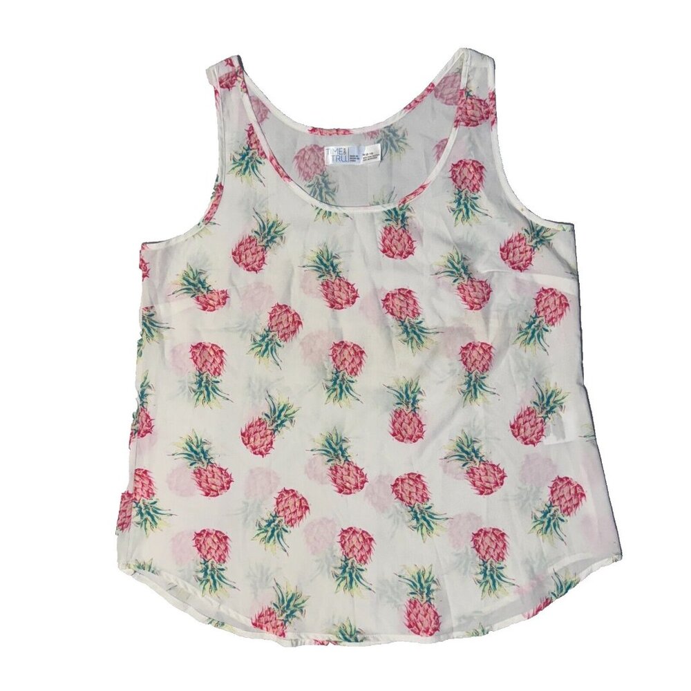 Tropical Pink Pineapple White Flowy Tank Top See Through Tshirt - M